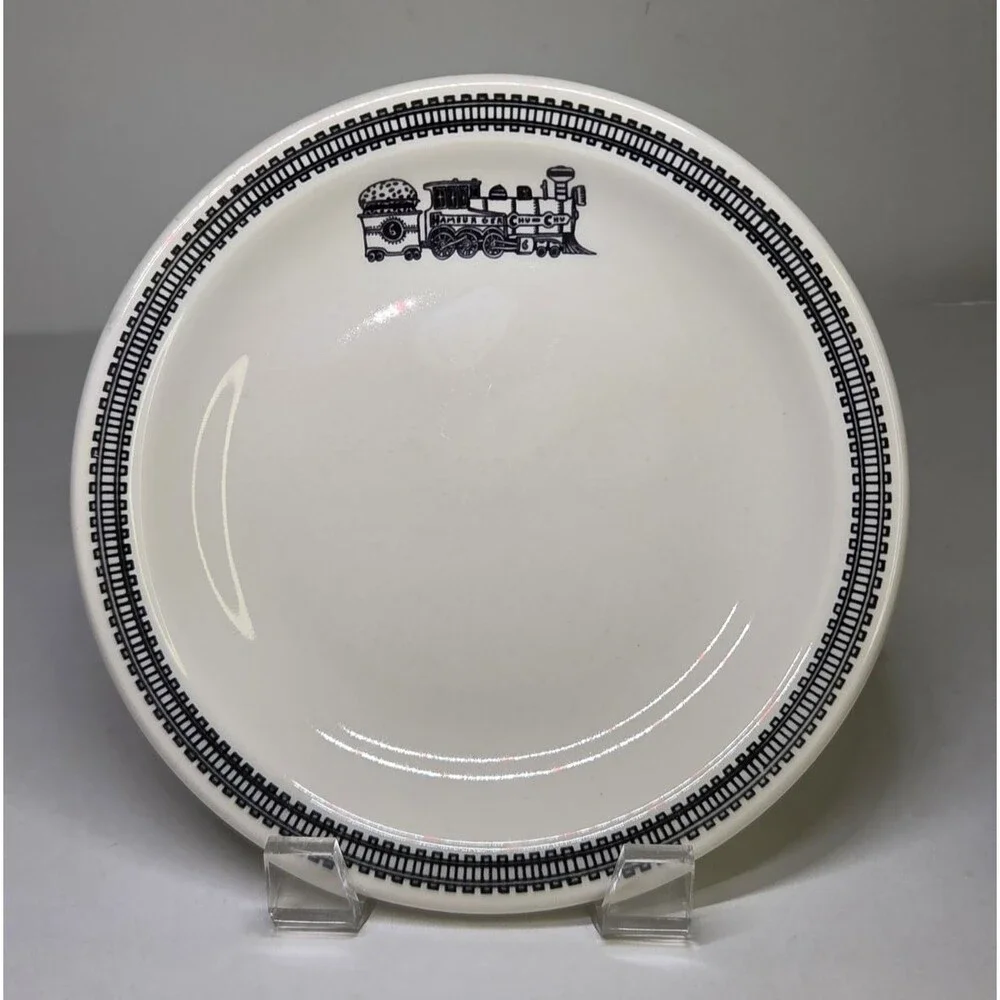 Homer Laughlin Fishs Eddy Hamburger Chu Chu Train Pattern Plate & Bowl Rare Set